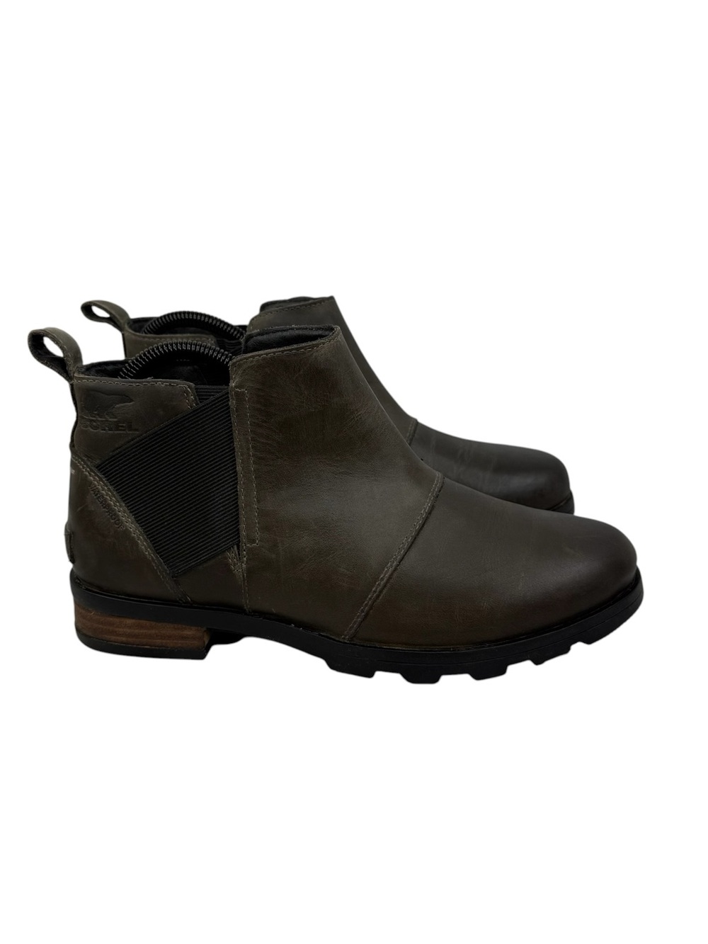 SOREL Emelie Chelsea Olive Green Leather Waterproof Pull On Booties  Sz 7.5